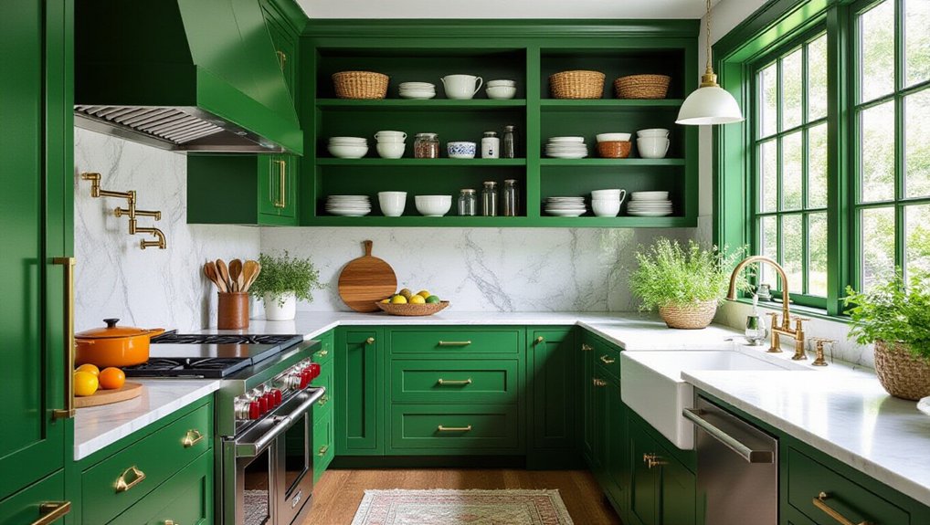 emerald green open shelving